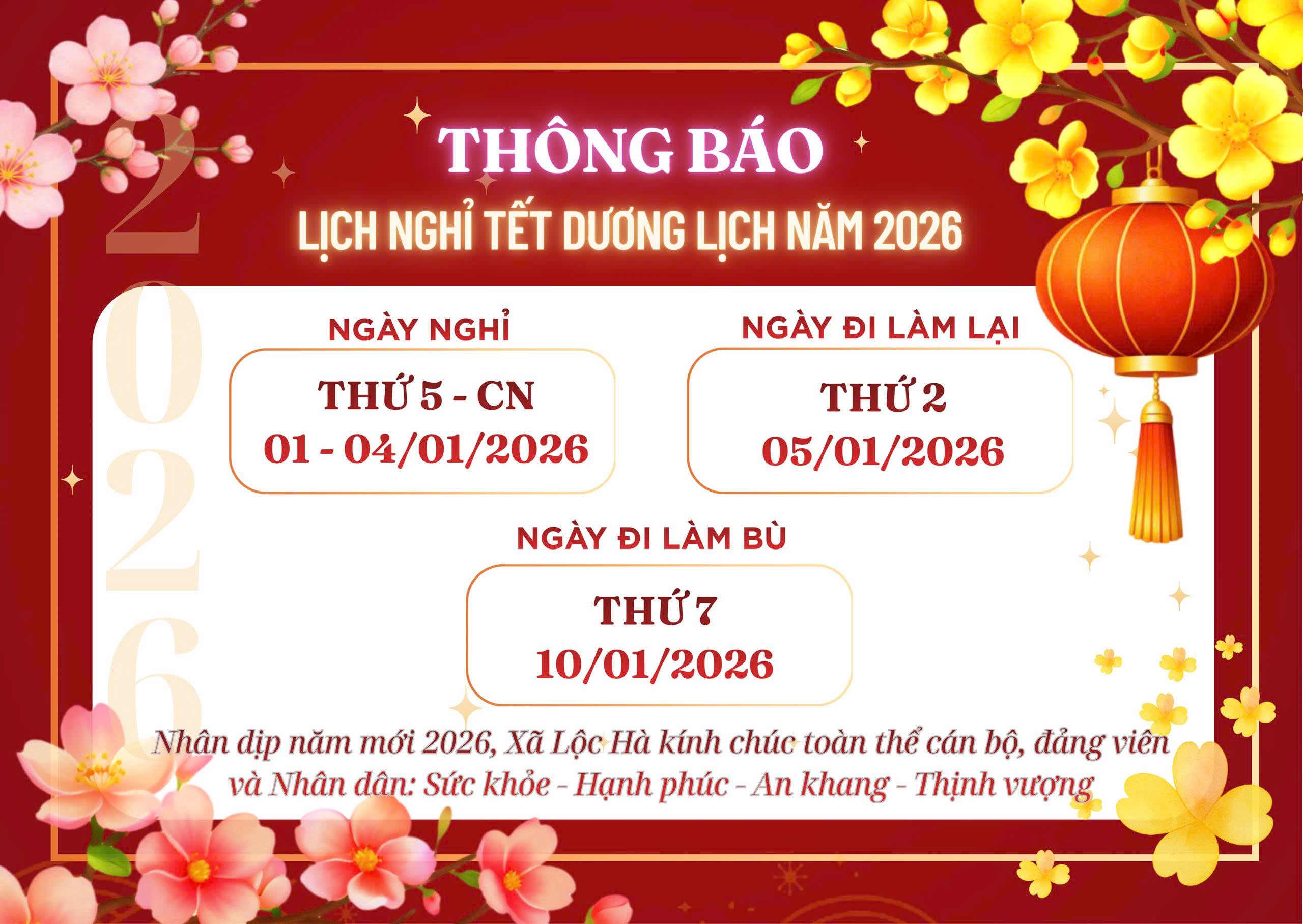 Thông báo lịch nghỉ Tết Dương lịch năm 2026 